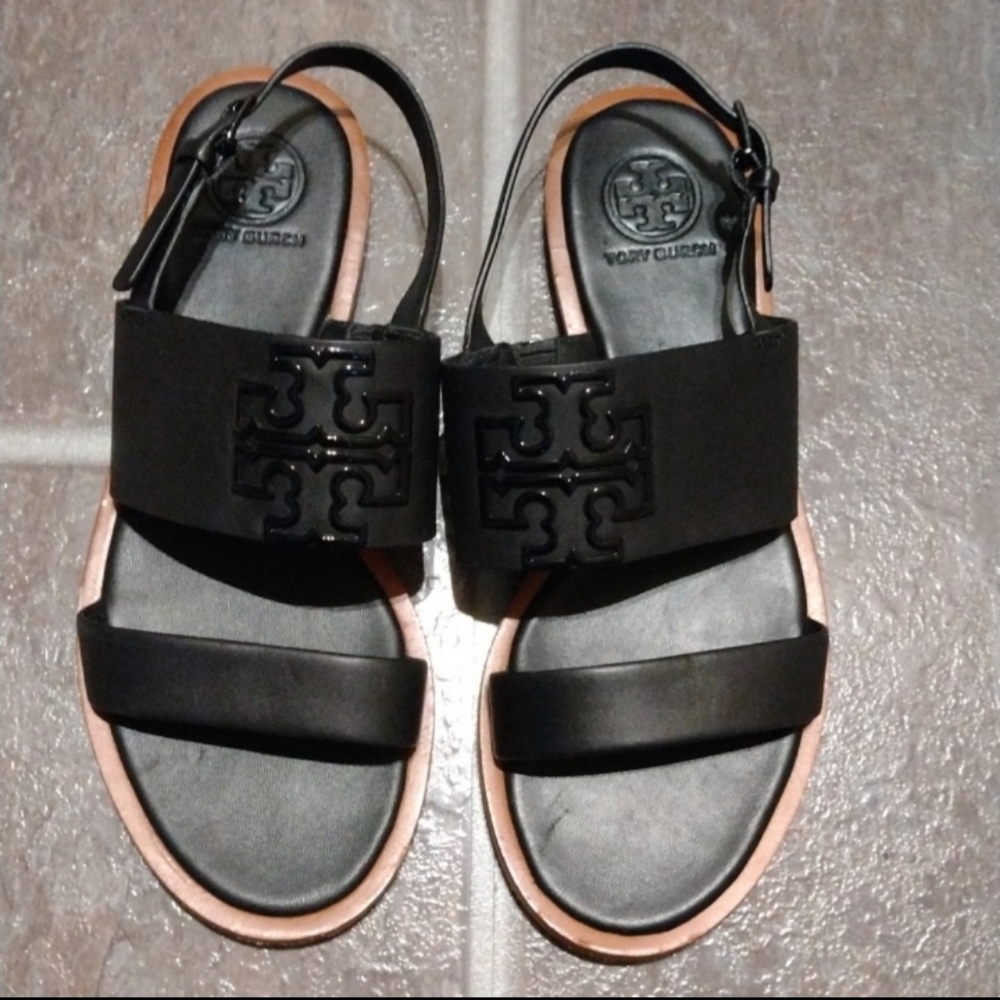 Tory Burch Logo Monogram Black leather slingback stripy sandal size 35